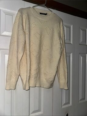 Doe & Rae Cream Textured Heart Crewneck Sweater